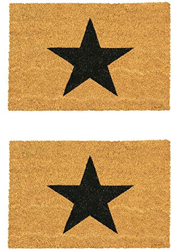 Nicola Spring Non-Slip Coir Door Mats - 60 x 90cm - Black Star - Pack of 2 PVC Backed Doormats