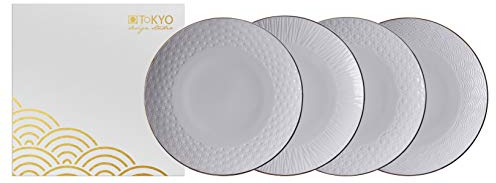 TOKYO design studio Nippon White 4-er Teller-Set weiß, mit Gold-Rand, Ø 30 cm, ca. 3 cm hoch, asiatisches Porzellan, Japanisches Design, inkl. Geschenk-Verpackung