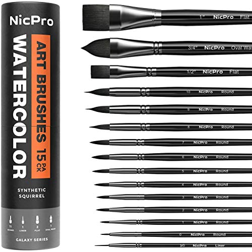 Nicpro 15 Pièces Artiste Pinceaux, Professionnel Aquarelles Nylon Art Pinceaux pour Adultes et débutants Peinture à Acryliques, Aquarelles, Huiles et Gouaches