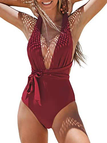 CUPSHE Femme Maillot de Bain 1 Pièce à Décolleté Plongeant Dos Croisé Swimsuit Maillot 1 Pièce Maillot Rouge S