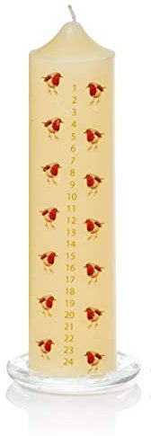 Premier, Candela dell'avvento in cera con supporto in vetro con motivi con pettirossi (colore crema)