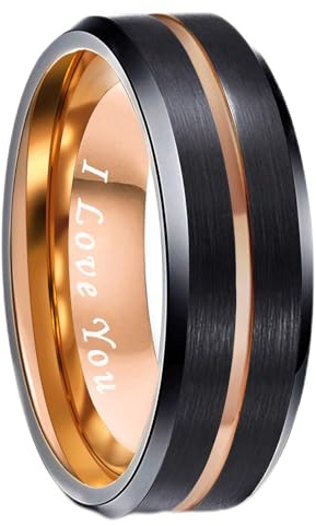 Greenpod Herren-Ehering aus Wolfram, 6 mm, 8 mm, 10 mm, mit Gravur I Love You, dünn, Blau/Rotgold/Schwarz, Mittelrille, bequeme Passform, Größe 6–17, Wolfram, Wolfram