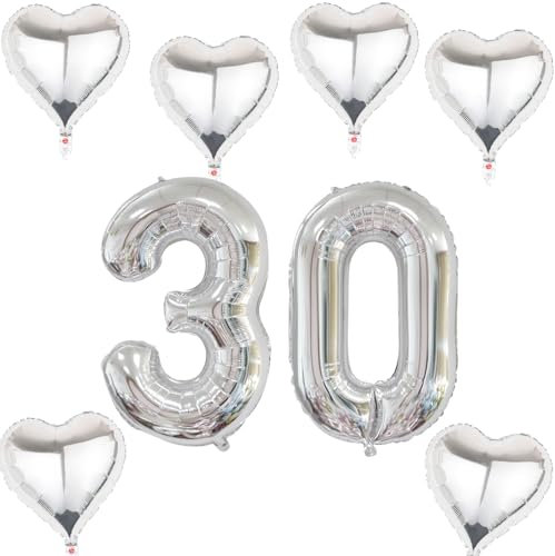 XXL Folienballon 30 Geburtstag, Folienballon Zahl 30, Zahl 30 Silber, Luftballons Zahl 30, Nummer 30 Luftballon Silber, 40 Geburtstagsdeko Ballon 30