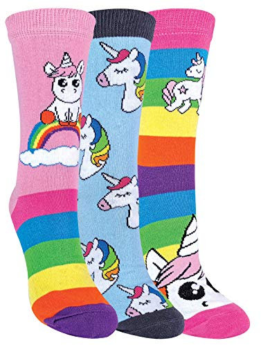 Lot de 3 paires de chaussettes rayées en forme de licorne arc-en-ciel pour femme - Rose - 37-40