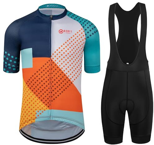 Herren Radtrikot Sets Rennrad Shorts Ärmel Trikot + Trägerhose mit 4D Gepolstert Radbekleidung Set für Männer - Blau - Groß