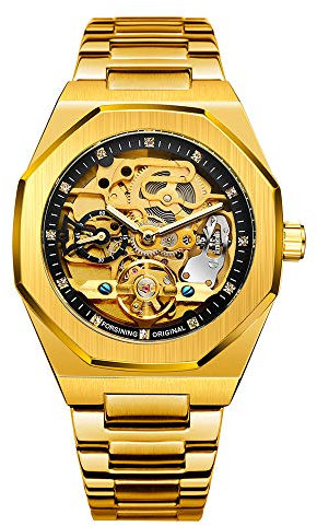 BOLYTE Armbanduhr Herren Analog Automatik Edelstahl Mechanische Skelett Männer Uhr Glas Rückseite, Goldfarben/Schwarz