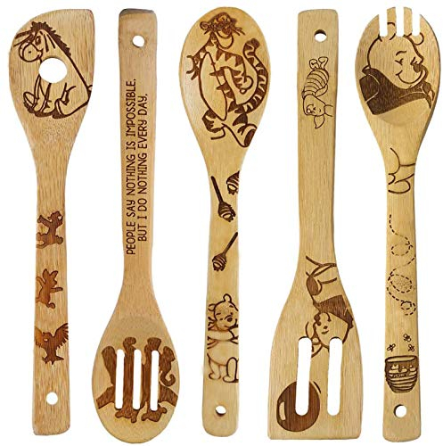 Lot de 5 cuillères en bois pour la cuisine, motif ours de dessin animé, cuillère et spatule en bois brûlé, ustensiles de cuisine mignons et pratiques pour femme, cadeau de pendaison de crémaillère