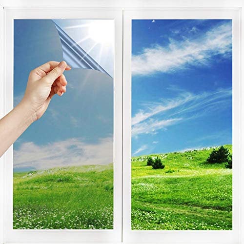 Film Miroir Fenêtre sans Tain Anti Chaleur Anti-Regard Contrôle de la Température Protection de la Vie Privée Film Adhésif Réfléchissant pour Fenêtre Maison Bureau Magasin (40 * 200cm, Argent)