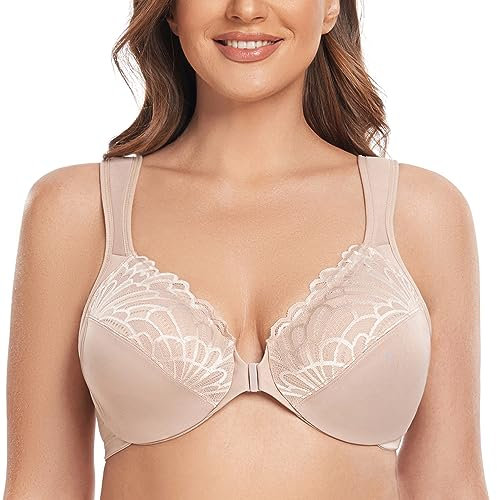 CASOLACE Women's Sexy Lace Plus Size Underwired Unlined Front Fastening Bras Beige 36G