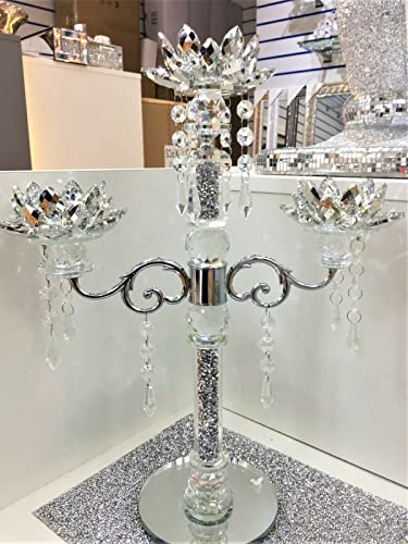Crushed Diamond Lotus Crystal Candelabra 3 Cup Candle Holder Flower Tealights Centerpiece