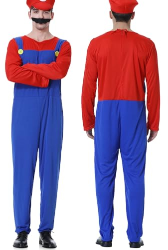 VISVIC Cosplay Kostüm Super Brothers Cosplay Kostüm, mit Cap und Schnurrbart, Halloween Karneval Cosplay Kostüm Set Männer Damen Jungen Mädchen, Faschingskostüme, Herren Rot, XL