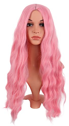 MapofBeauty 28 Zoll/70 cm Länge Wavy Synthetische Faser Lockige Haarfasern Ersatz Perücke für Partys Cosplay Täglich Perücke (Hell Rosa)