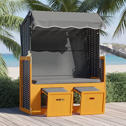 INLIFE Strandkorb mit Dach Poly Rattan & Massivholz Schwarz Anthrazit