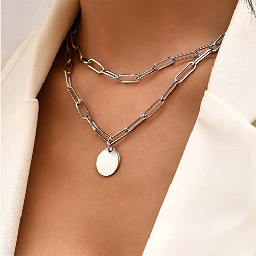Yienate Punk Mehrschichtige Klobige Halskette Choker Silberne Büroklammer Kette Hip-hop Statement Münzen Anhänger Halskette Rock Pailletten Anhänger Mehrschichtige Halskette Charme Schmuck Für Damen