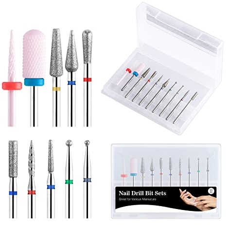BNG 10PCS Nail Drill Bits Diamond Cuticle Bit for Nails File Professional Electric 3/32 Nail Drill Set Acrylic Natural Nails Cuticle Cleaner Burr Tool Manicure Pedicure for Salon