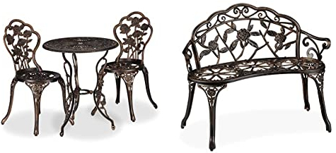 Relaxdays Gartenmöbel Set 3-teilig &, Bronze Gartenbank, 2 Sitzer, Rosen, Terrasse, Balkon, Alu & Gusseisen, antike Sitzbank, HBT: 78 x 99 x 52 cm, Gußeisen, schwarz