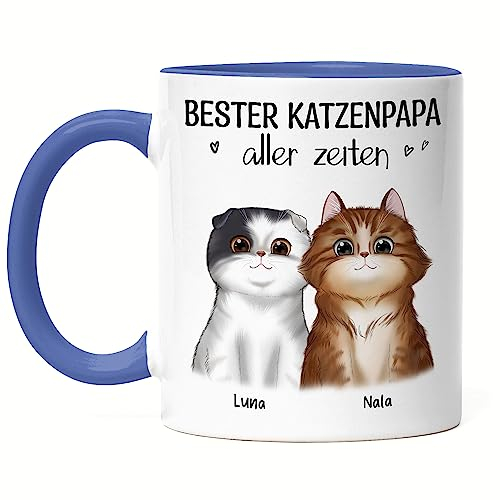 Kiddle-Design Katzenbesitzer Tasse Blau Personalisiert Geschenk Katzenpapa 2 Katzen Katzenliebhaber Katzenmotiv Spruch Name Katzenfreund Haustier
