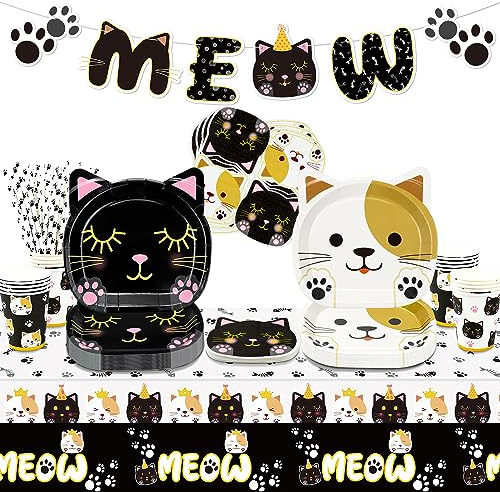 XJLANTTE 107 piezas de decoraciones para fiestas de cumpleaños de gatos, que incluyen platos para gatos, vasos, mantel, pancarta MEOW para suministros de fiesta de cumpleaños con temática de gatos