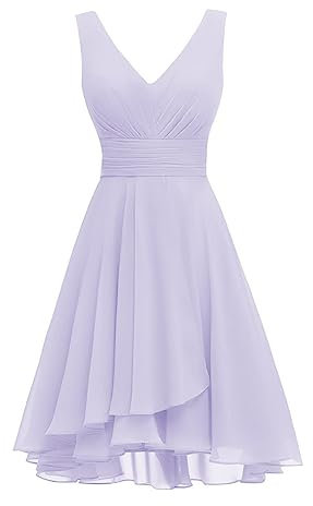 Kurzes Brautjungfernkleid für Damen, doppelter V-Ausschnitt, gerüscht, Chiffon, formelles Cocktailkleid für Party, Heimkehr, Flieder, 34