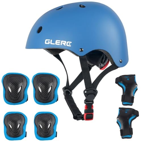 Glerc Bambini Casco di Protezione Set Ginocchio gomito protegge - Polsini per ragazzi e ragazze 3-8 anni Skateboard Roller Protection Set regolabile s blu