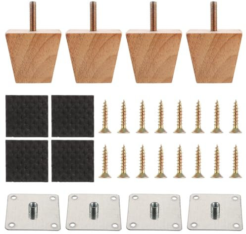YOUNTHYE 4 Stück möbelfüße Holz Eiche 5cm Quadratische Möbelfüße Massivholz Ersatz Tischbeine Möbelbeine mit Montageplatten und Schrauben und Filzgleiter, Holzfüße für Möbel, Bett,Sofa, Couch, Stuhl