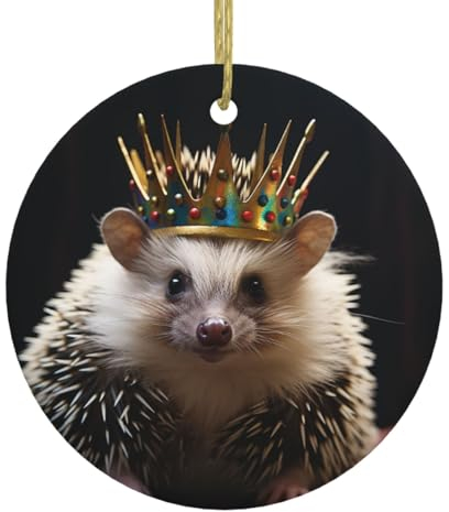Krone mit Igel Christbaumschmuck Runde Keramik Weihnachtsbaum Hängende Ornamente Doppelseitig Bedruckt für Zuhause Urlaub Party Dekorationen