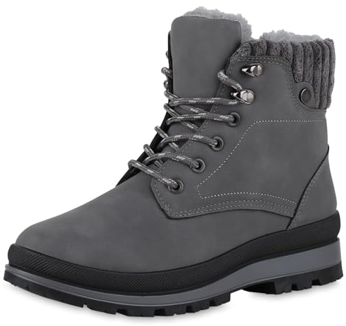 VAN HILL Damen Worker Boots Blockabsatz Profilsohle Bequem Schuhe 214081 Dunkelgrau 37