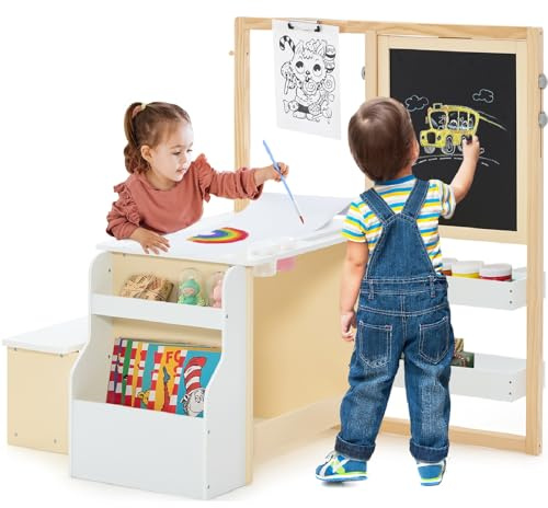 INFANS 3 in 1 Kids Art Table and Chair Set, Toddler Craft and Play Wood Activity Desk with Double-Sided Easel Blackboard Whiteboard, Paper Roll for Writing, Children Furniture for Daycare Nursery