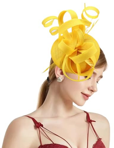 Coolwife Fascinators Sinamay-Hut für Damen, Federn, Pillbox, Derby, Teeparty, Hut, B Gelb, Einheitsgröße
