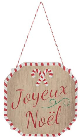 Atmosphera - Décoration de Sapin en Bois Panneau Joyeux noël Rouge Blanc 10cm