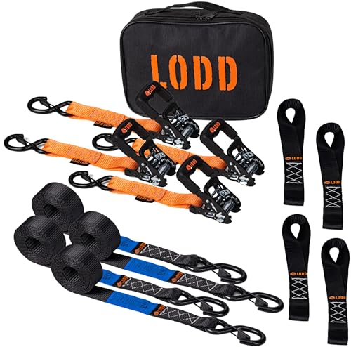 LODD - Lot de 4 Sangles d'Arrimage Moto à Cliquet 41mm x 3,4m - Crochets Sécurisés, Boucles Souples - Ultra Résistante 2000 kg - Idéal Moto, Quad, Remorque et Bateau - Sac de Transport Inclus
