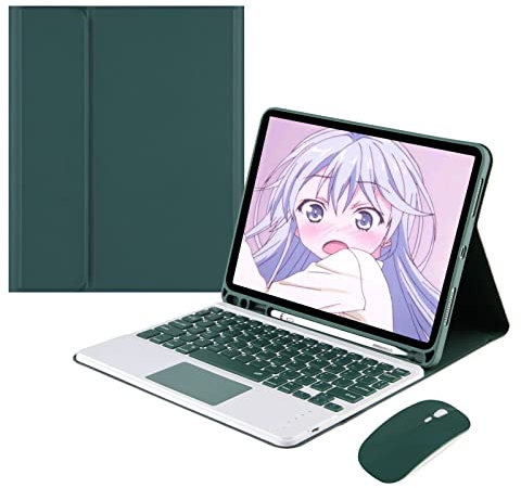 Funda Teclado Touchpad para iPad Pro 12.9 2022/2021/2020/2018 (6.ª/5.ª/ 4.ª/3.ª Gen), Teclado Retroiluminado Bluetooth con Carcasa Magnética y Ratón Inalambrico, Verde Oscuro Con Retroiluminación