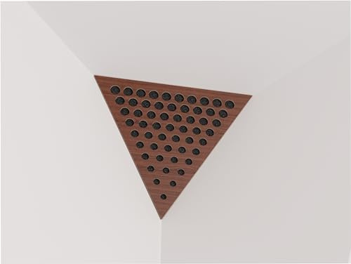 2er-Pack – Akustik-Eck-Decken-Bassfalle „Dreieck“ | Schallabsorbierender Akustikschaum mit perforierter, laminierter HDF-Platte für Diffusion | Seite: 42 cm | Farbe: [ROUNDS | Nussbaum]