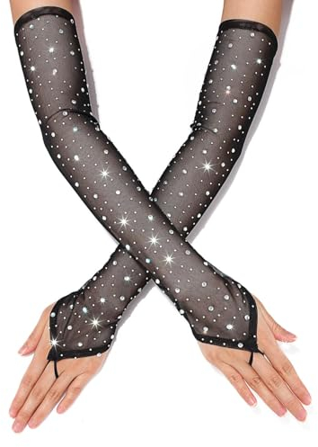 GEMILY Fingerlose Handschuhe aus Tüll mit Glitzer, Strass, lang, dehnbar, Party-Armstulpen, Abschlussball-Zubehör für Damen und Mädchen, Schwarz, Einheitsgröße