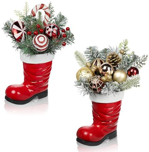 Arborus 2 Stück Künstliche Weihnachtspflanzen im Nikolausstiefel Weihnachten Tischdeko Kleine Künstliche Tannenzweige mit Weihnachtskugeln Kunstpflanzen mit Beeren Tannenbaum für Weihnachtsdeko