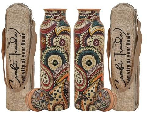 Craft Trade Set of 2 Printed Pure Copper Bottle with Lid and Carry Bag for Drinking Water BPA Free Leak Proof Boosts Immunity, Supports Digestive & Ayurveda Inspired 34oz - 1 Litre