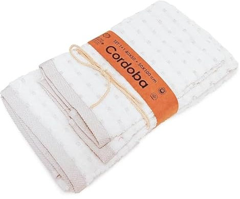INTRECCI Set Asciugamani Bagno Viso e Bidet, Coppia Asciugamani Bagno, in Spugna di Puro Cotone 470 gr/mq, 100 x 50 cm + 50 x 30 cm, Morbido al Tatto, Lavorazione Jacquard, Bianco. Modello: Cordoba