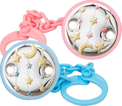 Pinza de Chupete con Aplique Bilaminado en Plata de Ley 925‰ Infantil en diseño de Estrellitas. Disponible en color Azul y Rosa. (GF0622)