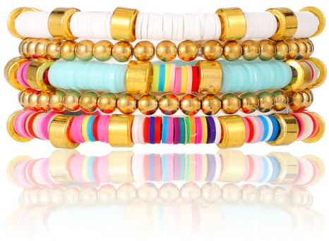 Mikovivi 5 Stück Surfer Armbänder Set, Boho Bunt Stretch-Armbänder mit Perlen Stapelbar Schichtbar Freundschaftsarmbänder Ästhetisch Sommer Strand Schmuckgeschenke für Frauen und Mädchen