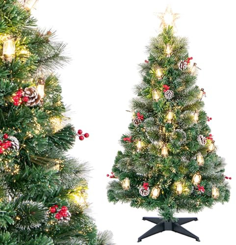 COSTWAY Albero di Natale 150CM/180CM, Albero di Natale con 49/64 Luci LED, Fibre Ottiche, 8 Modalità di Illuminazione e 170/220 Rami, Ago di Pino, Pigne, Bacche Rosse e Lampade a Paraffina (150 CM)