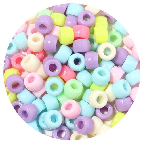 200 PCS Plastic Pony Beads, 6 * 9 mm Multicolor Plastic Bracelet Round Rainbow Beads for Bracelets Making, Hair Braids