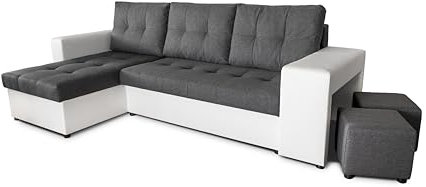 NAWSTOL - Ecksofa Couch Leon mit Schlaffunktion und Bettkasten - Modern Sofa für Wohnzimmer - Links/rechts montierbar (Grau + weißes Kunstleder)