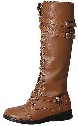 Stivali alti al ginocchio in pelle marrone chiaro Stivali da donna con tacco a blocco Fibbie Piattaforma anteriore Bianco Santo Scarpe, Caff, 36 EU