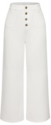 Belle Poque Pantalon en jean taille haute pour femme avec fermeture à boutons et ceinture élastique de loisirs, Blanc., XL