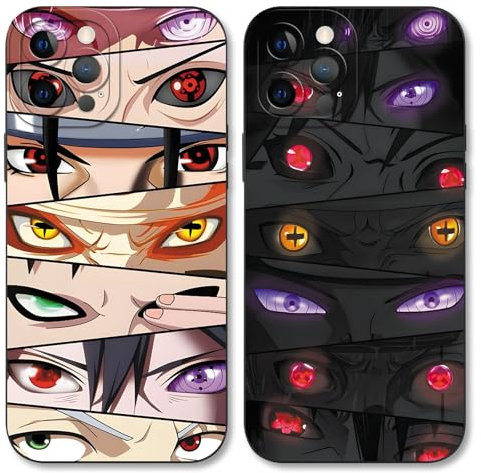PBNDJVG 2 Stück Handyhülle für iPhone 12 Hülle 6.1'', Anime Motiv Cartoon Naruto Uchiha Itachi Sasuke Manga Muster Schutzhülle Jungs Case Schutz der Linse Design Silikon TPU Cover Stoßfest, Schwarz
