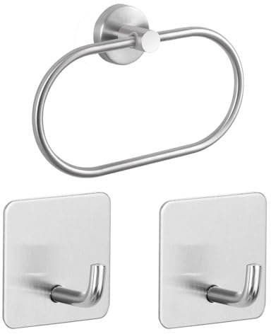 1 Piece Oval Stainless Steel Towel Ring And 2 Pieces Self-Adhesive Hooks, Bathroom Hooks, Metal Hooks, Clothes Hooks, Home Accessories