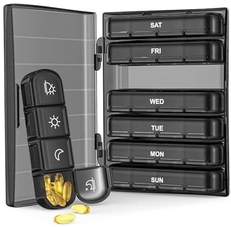 ZHEN DEKO Tablettenbox 7 Tage 4 Fächer Tragbare Pillendose | Klein Pillendose Große Fächer Pill Organizer Box für Reise und Tägliches Gebrauch (Blau)