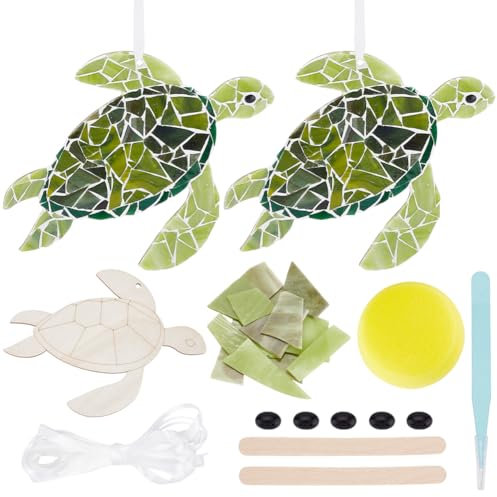 WEBEEDY 2 Sets Turtle Mosaic Kit for Adults, Sea Turtle Mosaic Coaster Kit with 15cm Wooden Coaster Wall Decor Green Mosaic Tiles DIY Mosaic Tile Unique Turtle Gifts for Women, Home Decoration