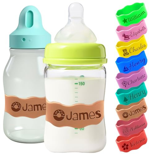 Personalisierte Babyflaschen-Bänder - Individuelle wiederverwendbare Silikon-Wasserflaschen-Etiketten, eingravierter Name für die Kindertagesstätte.