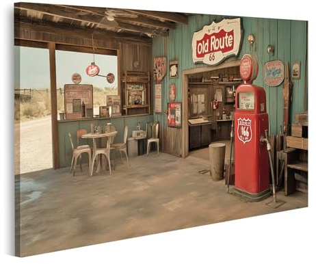 islandburner Bild auf Leinwand Nostalgische Tankstelle an der alten Route 66 für Wohnzimmer Reisefans Restaurant Bilder Wandbilder Poster